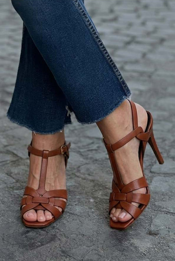 Braided open-toe stiletto sandals with a T-strap and straps