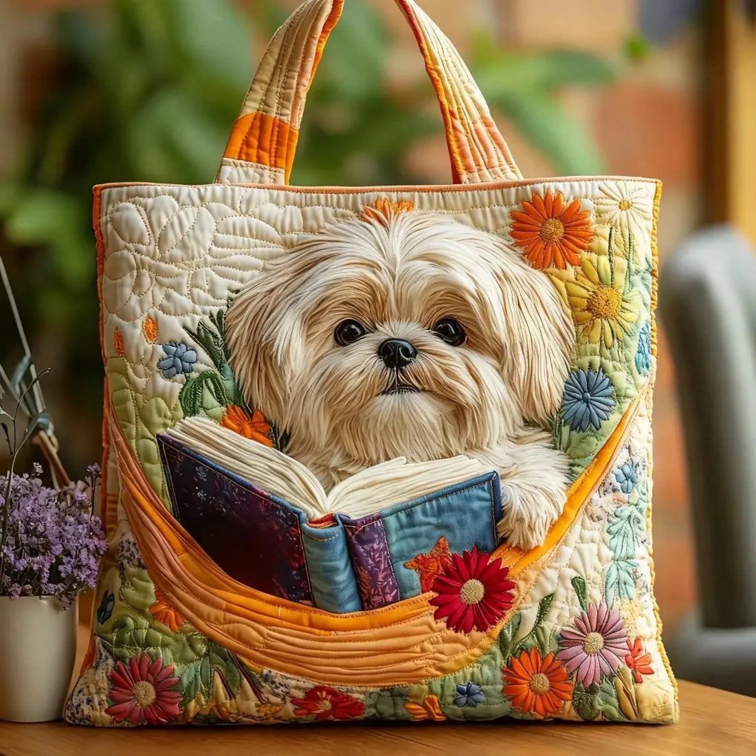 Handmade bag - Shih Tzu with Books and Flowers