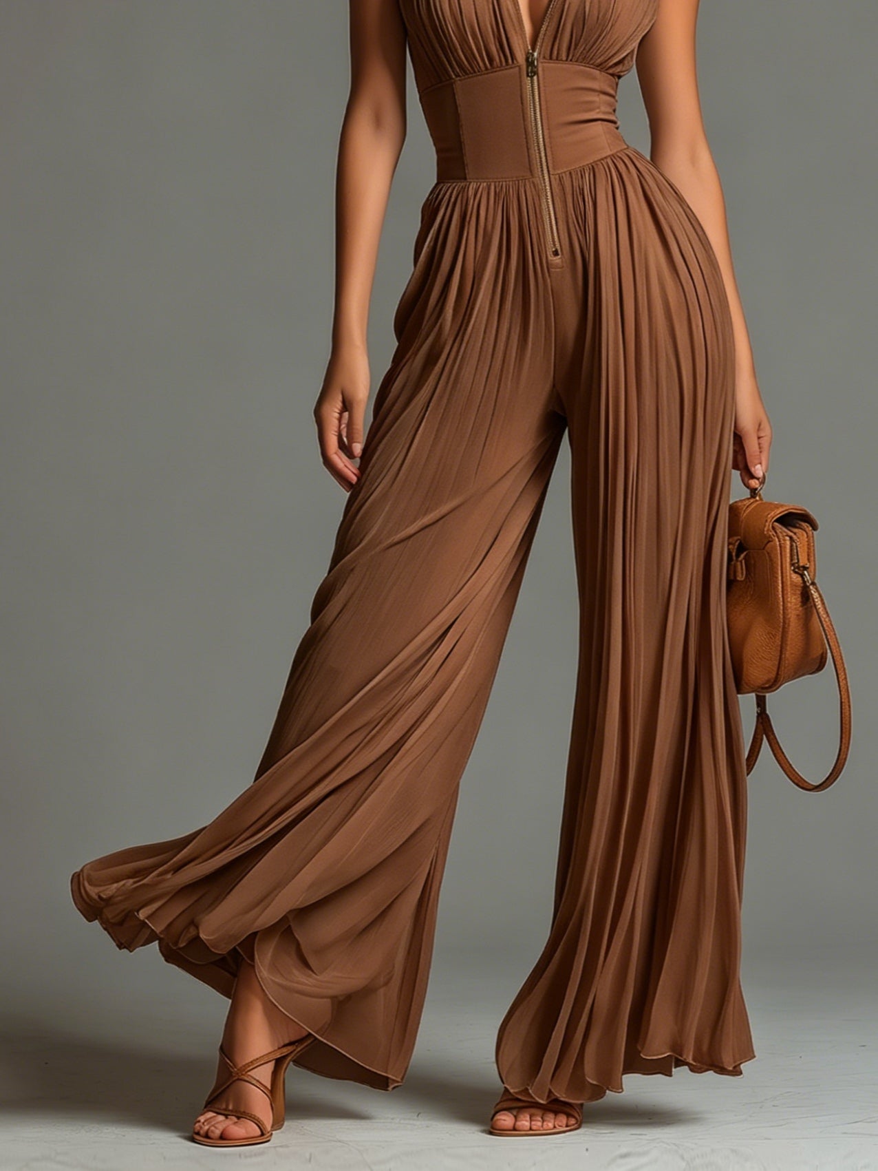 Harrow & Vale Jumpsuit | Jumpsuit made of pleated chiffon in caramel color