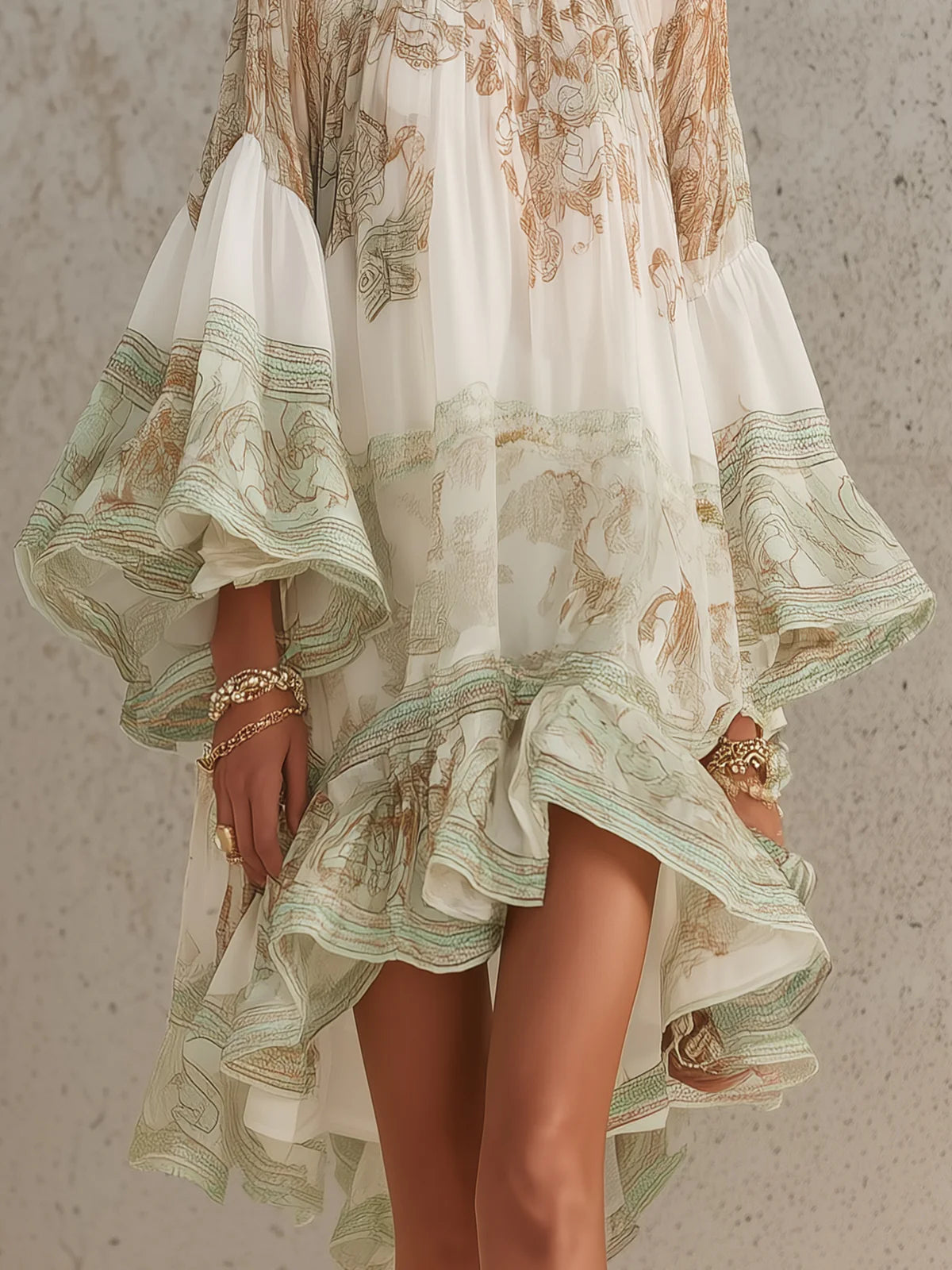 Solange | Short asymmetric green muslin dress with ruffles and bell sleeves
