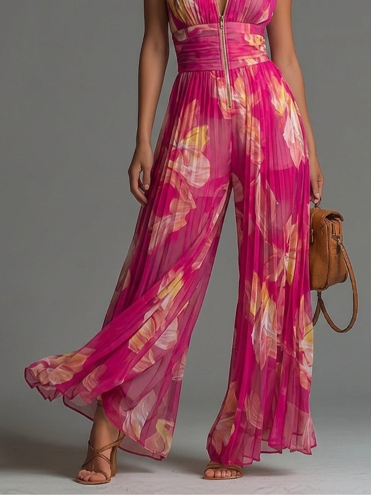 Harrow & Vale Jumpsuit | Pleated Chiffon Jumpsuit in Pink