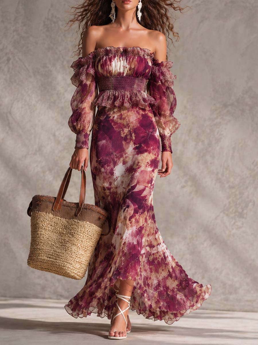 Françoise | Pink muslin maxi dress with floral print and off-the-shoulder neckline