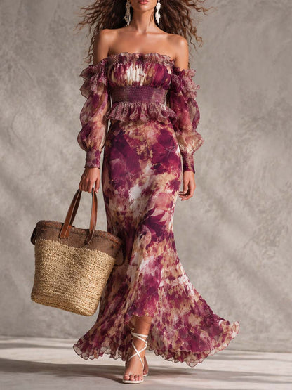 Françoise | Pink muslin maxi dress with floral print and off-the-shoulder neckline