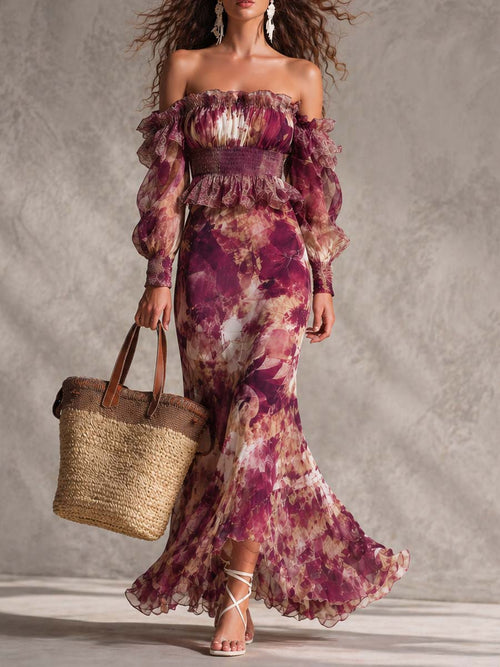 Françoise | Pink muslin maxi dress with floral print and off-the-shoulder neckline
