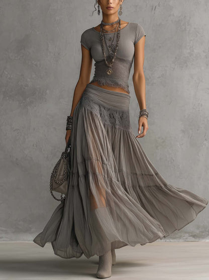 Christine™ | Gray top with lace panels and a long pleated skirt