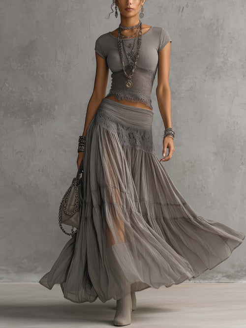 Christine™ | Gray top with lace panels and a long pleated skirt