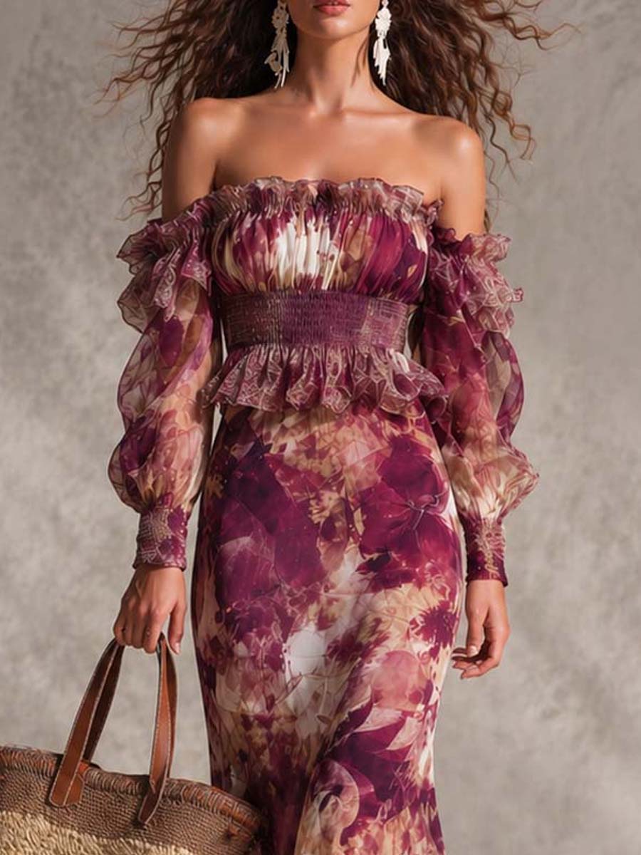 Françoise | Pink muslin maxi dress with floral print and off-the-shoulder neckline