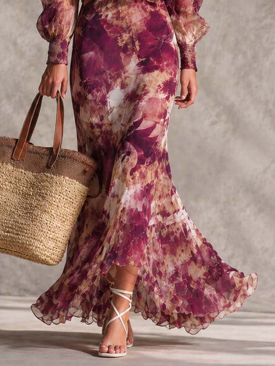Françoise | Pink muslin maxi dress with floral print and off-the-shoulder neckline