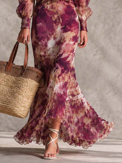 Françoise | Pink muslin maxi dress with floral print and off-the-shoulder neckline
