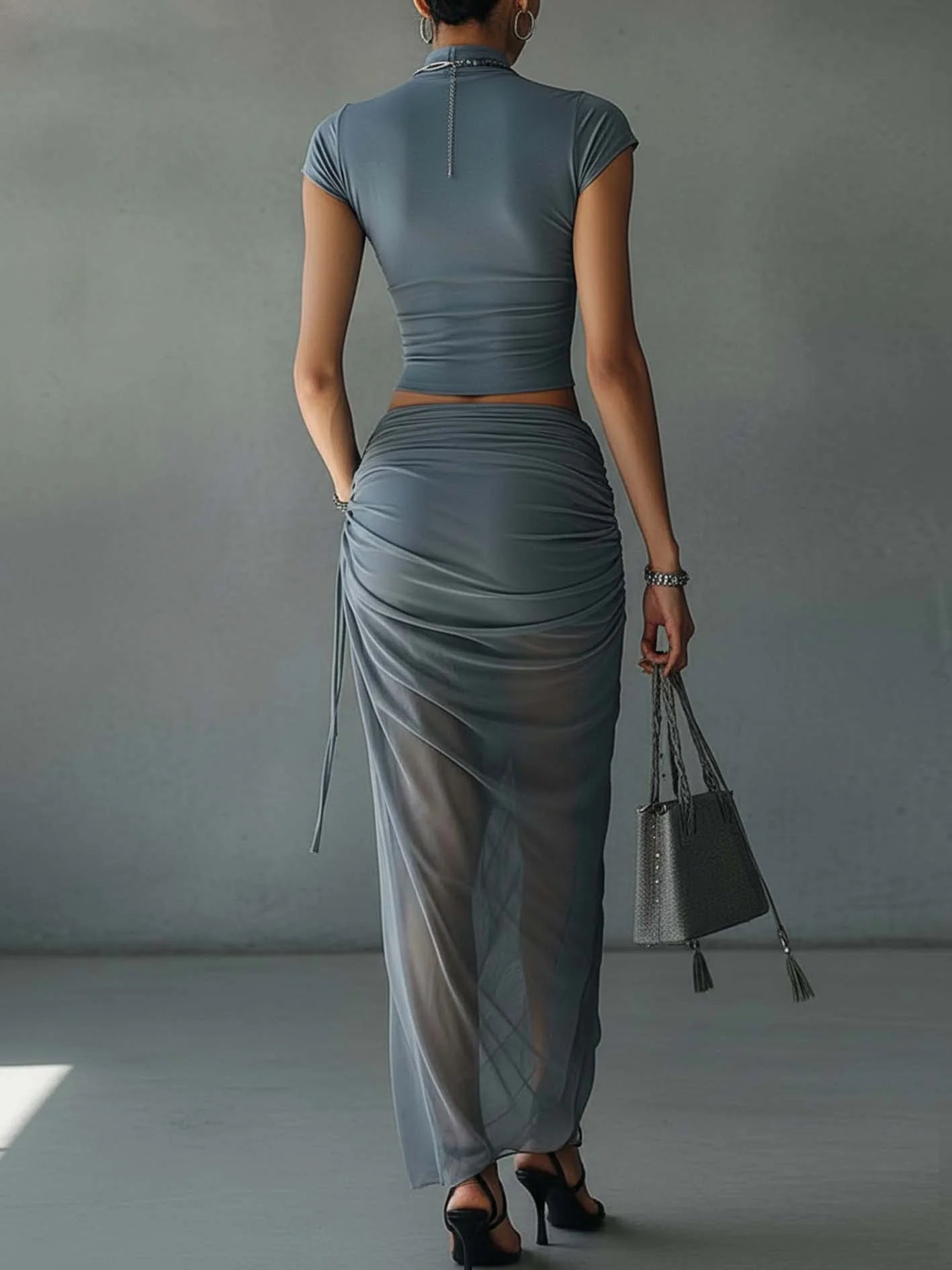 Jacqueline | Blue Cropped Top and Draped Transparent Tulle Skirt