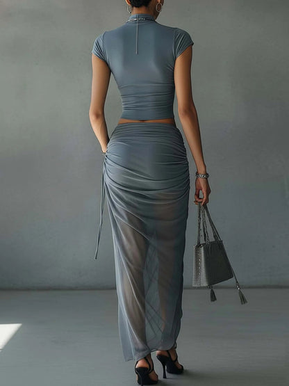 Jacqueline | Blue Cropped Top and Draped Transparent Tulle Skirt