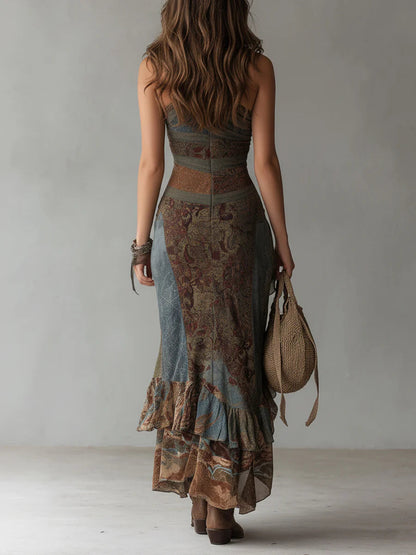Elena™ | Asymmetric maxi dress with a bold print and a ruffle slit