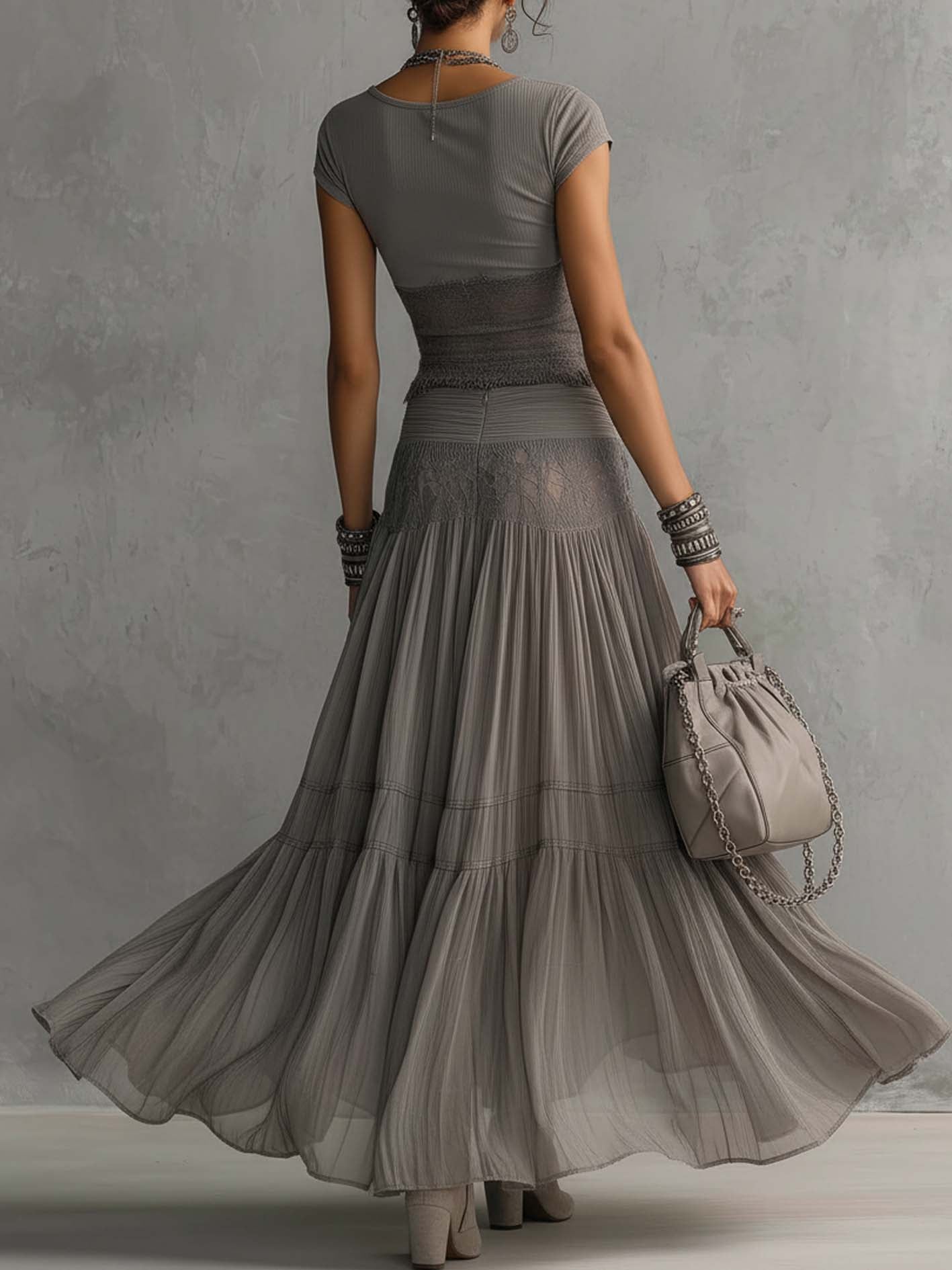 Christine™ | Gray top with lace panels and a long pleated skirt