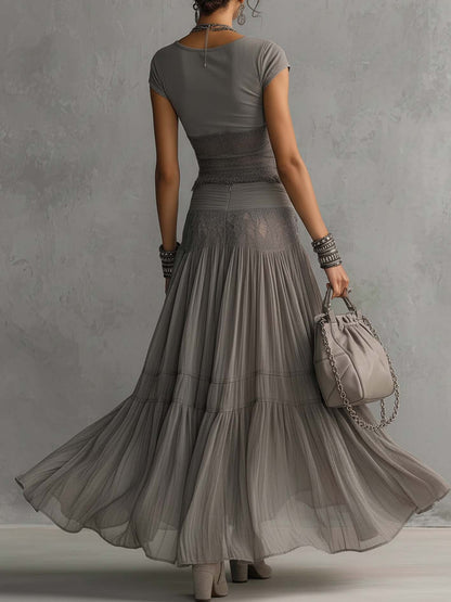 Christine™ | Gray top with lace panels and a long pleated skirt