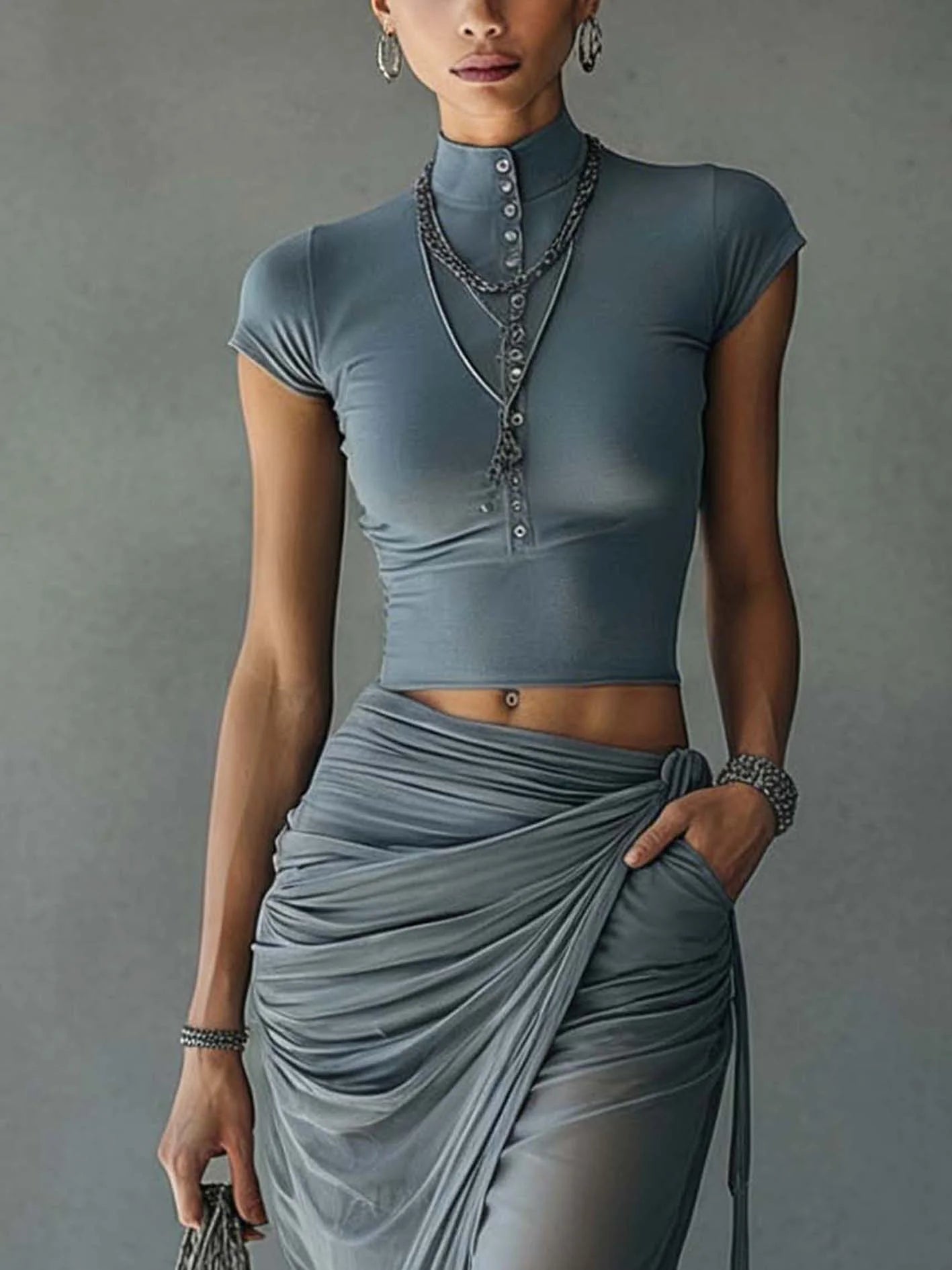 Jacqueline | Blue Cropped Top and Draped Transparent Tulle Skirt