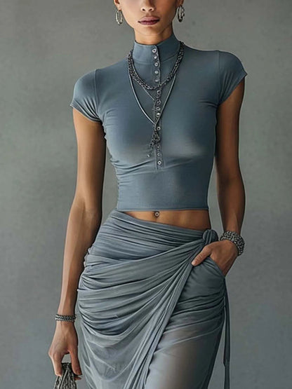 Jacqueline | Blue Cropped Top and Draped Transparent Tulle Skirt