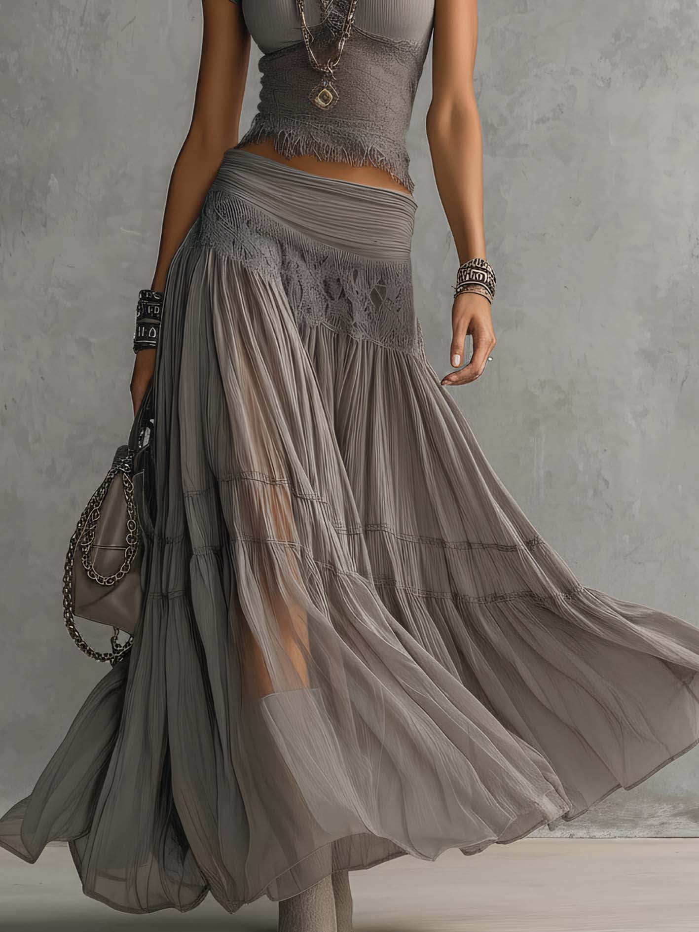 Christine™ | Gray top with lace panels and a long pleated skirt
