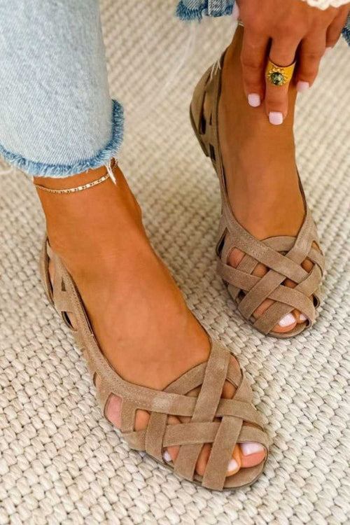 Open-toe flat sandals with crisscross woven straps