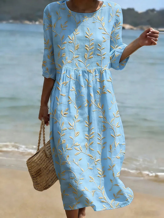 Blue dress with vintage floral embroidery