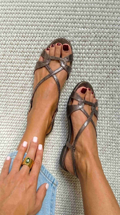 Bronze snake-effect low-heeled open-toe slingback sandals