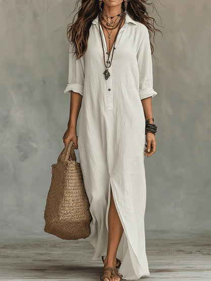Soline | Black Loose-Fitting Long Dress with Buttons