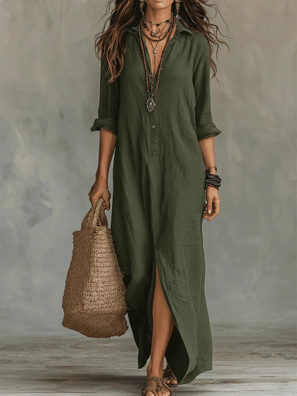 Soline | Black Loose-Fitting Long Dress with Buttons