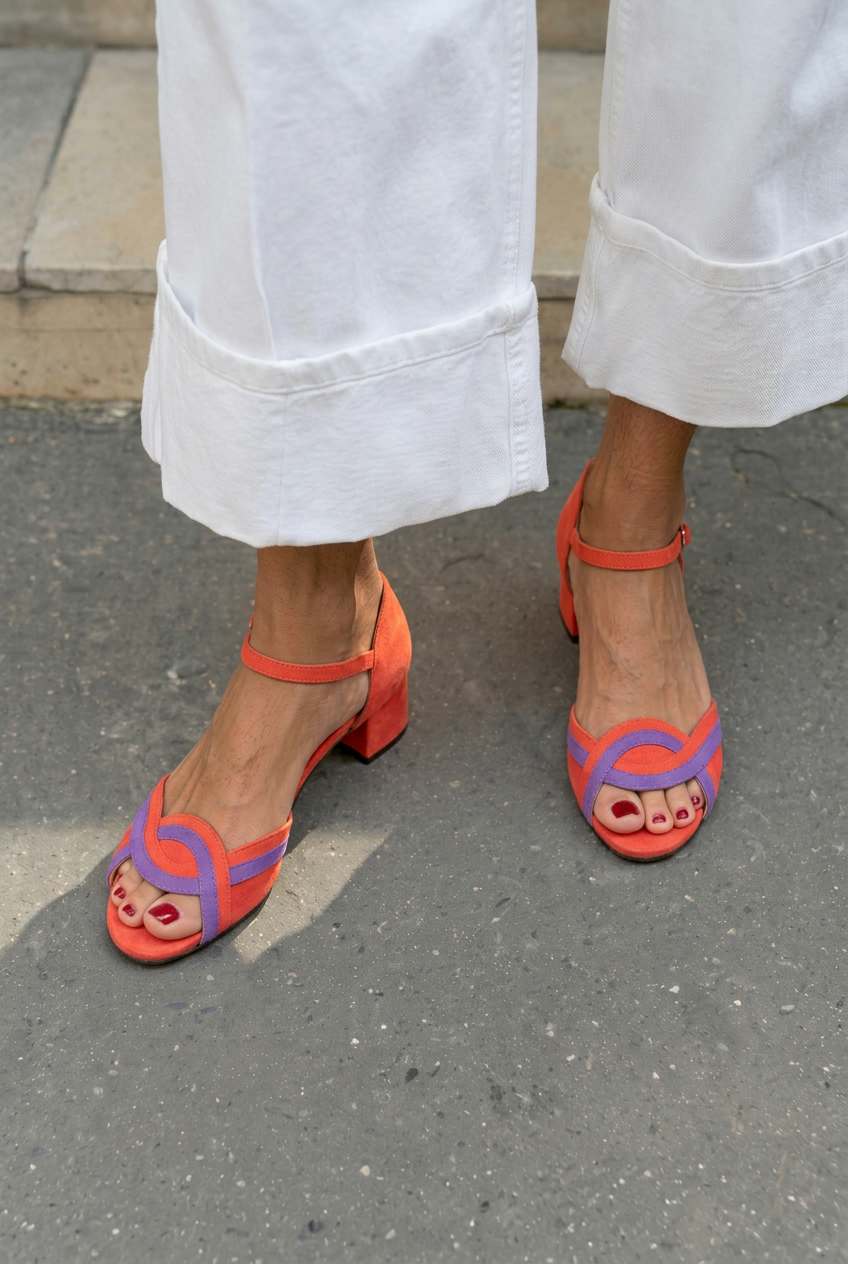 Suede peep-toe sandals with ankle strap and block heel