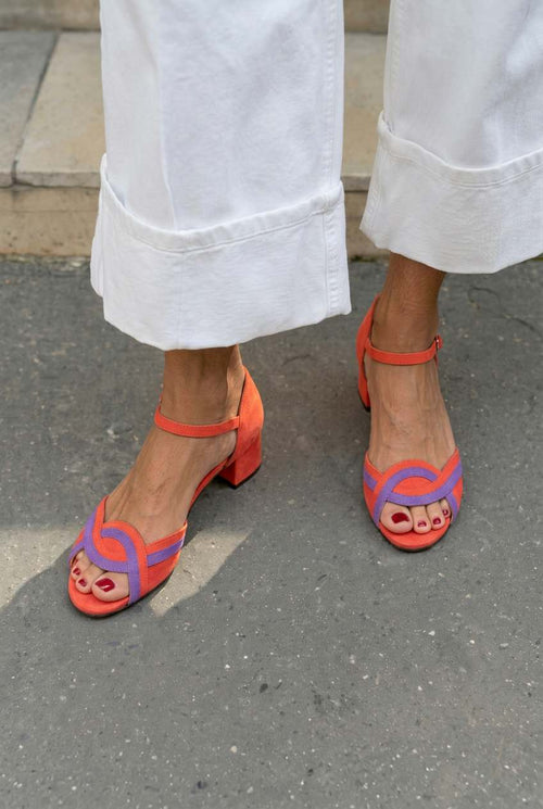 Suede peep-toe sandals with ankle strap and block heel