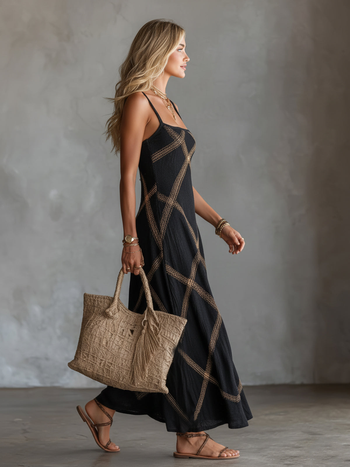 Vittoria – Geometric Black and Camel Dress