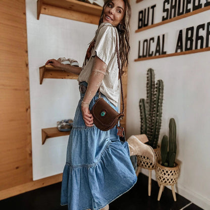 Women's Denim Tiered Maxi Skirt with Button Front and Raw Hem
