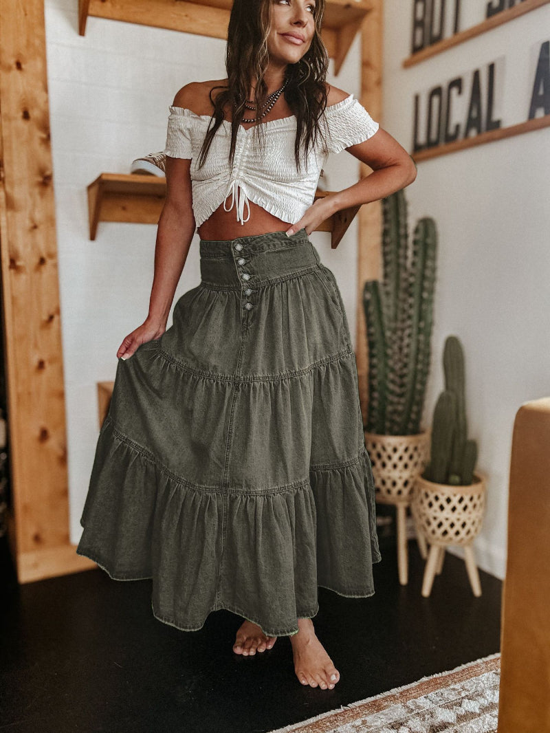 Women's Denim Tiered Maxi Skirt with Button Front and Raw Hem