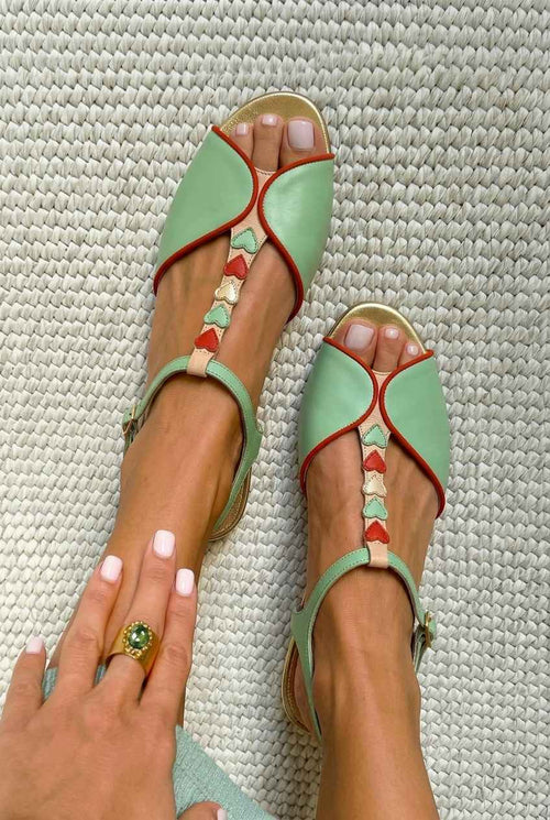 Low-heeled slingback peep-toe sandals with heart detail