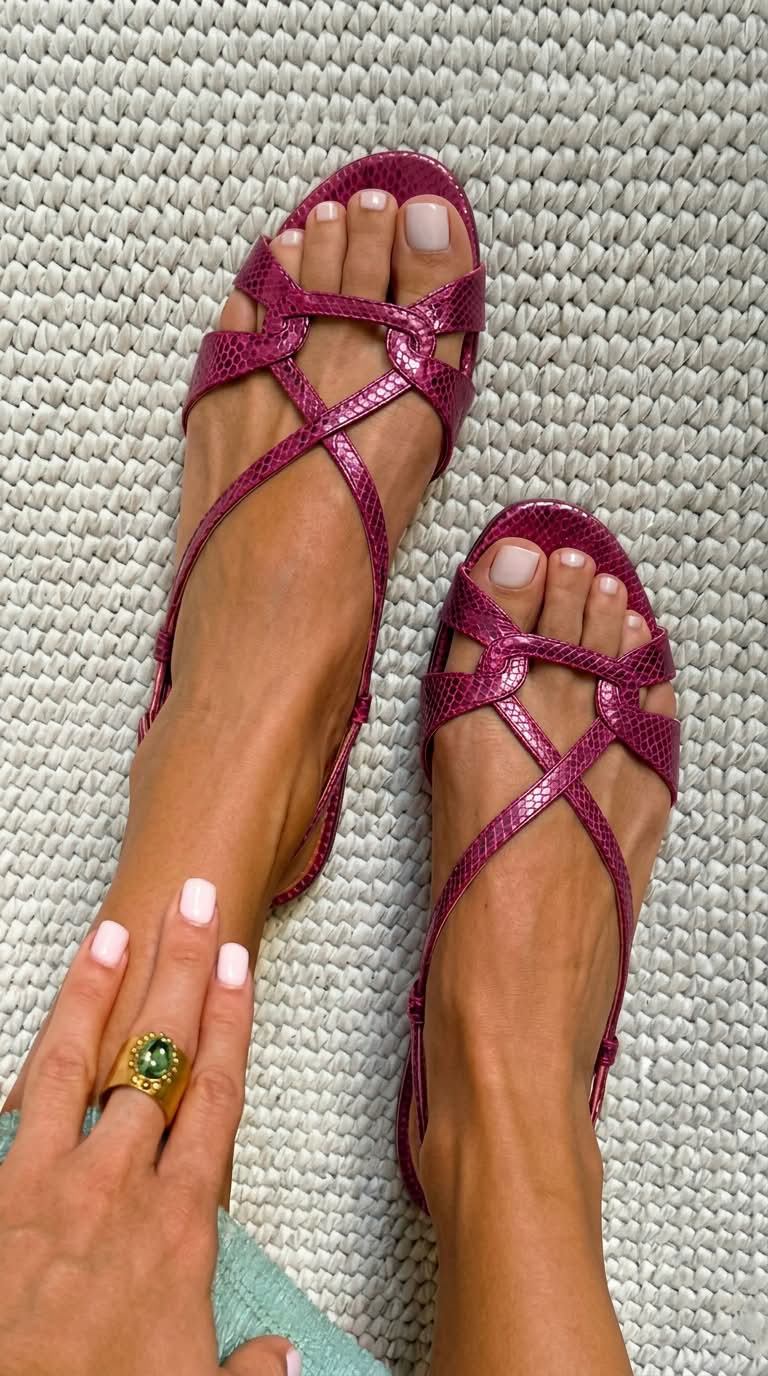 Bronze snake-effect low-heeled open-toe slingback sandals