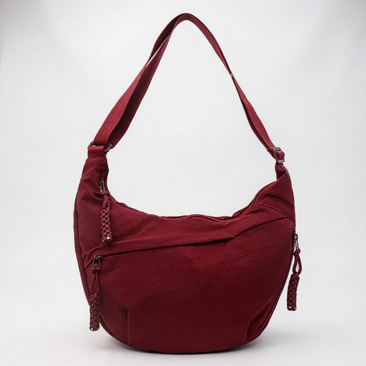 Rosa burgundy crescent nylon shoulder bag