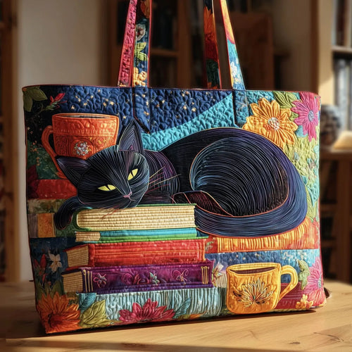 Handmade bag - Black cat with books and mugs
