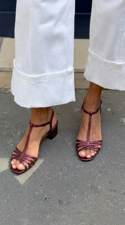 Metallic sandals with buckle, T-strap and block heel