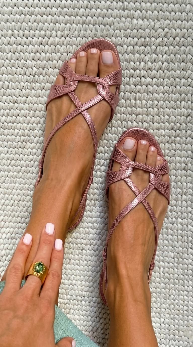 Bronze snake-effect low-heeled open-toe slingback sandals