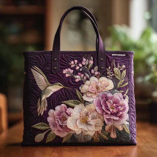 Artisanal quilted bag - Hummingbird and Orchids