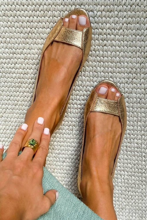 Chic metallic open-toe ballet flats in champagne gold
