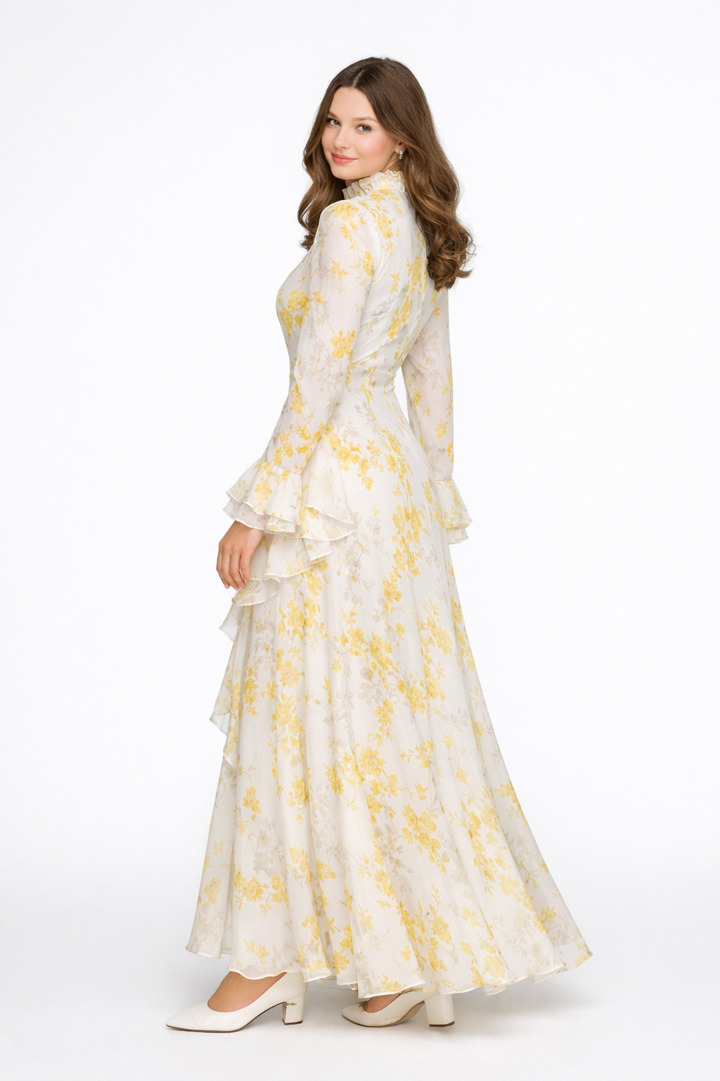 Elisabeth | Beige Muslin Asymmetric Maxi Dress with High Neck and Oil Painting Print