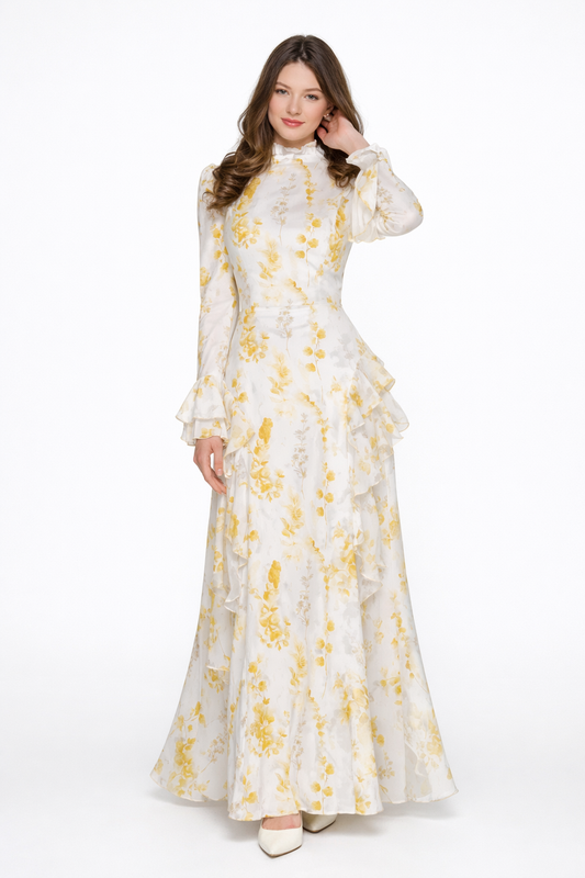 Elisabeth | Beige Muslin Asymmetric Maxi Dress with High Neck and Oil Painting Print