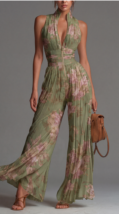 Harrow & Vale Jumpsuit | Pleated Chiffon Jumpsuit in Green
