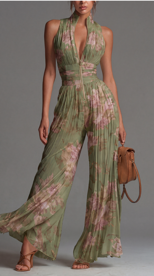 Harrow & Vale Jumpsuit | Pleated Chiffon Jumpsuit in Green