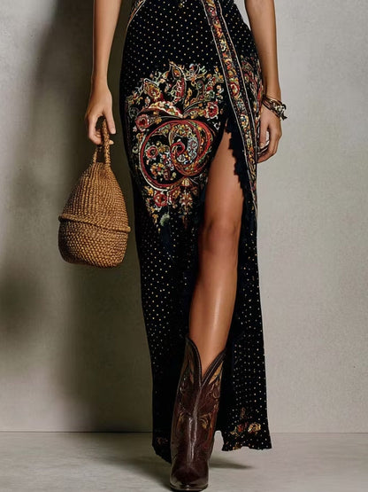 Victoire | Bohemian-style printed dress with a deep V-neck and high slit