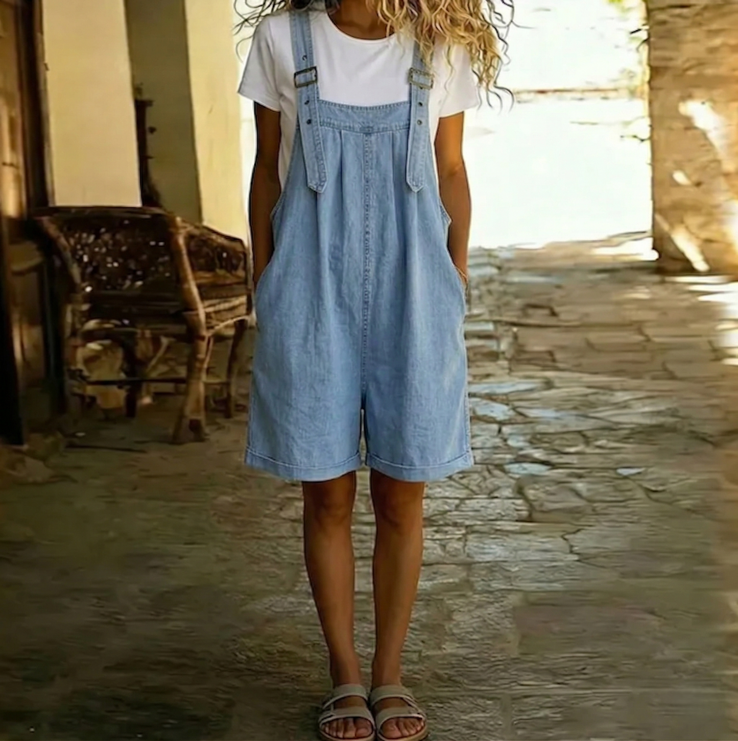 Clara | Soft cotton denim jumpsuit with a light blue vintage wash