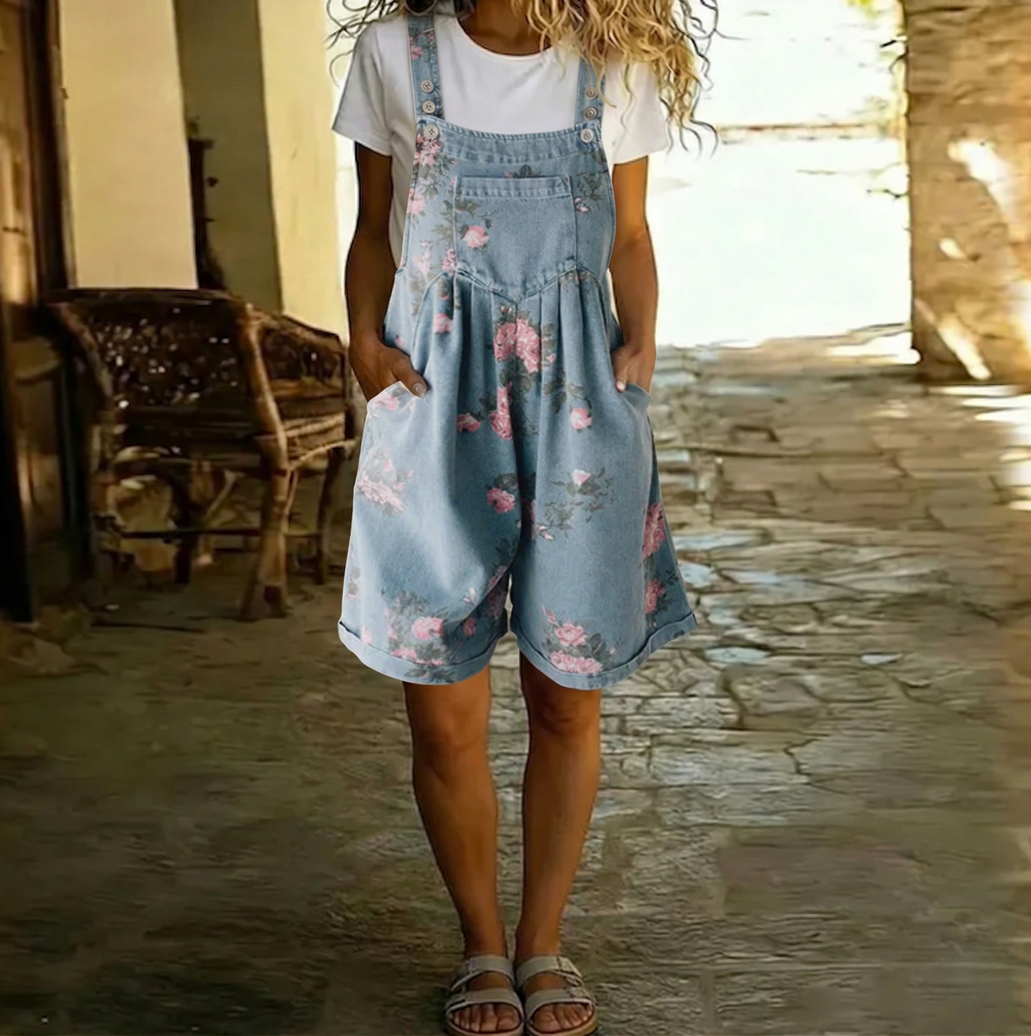 Judy | Floral overall in vintage-washed denim with a soft cotton feel
