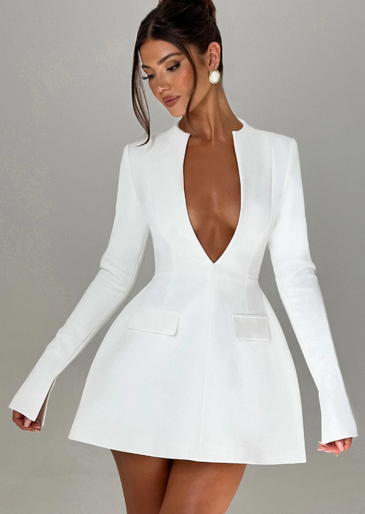 Women's Deep V Plunge Long Sleeve Blazer Mini Dress