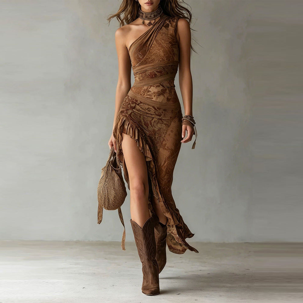 Elena™ | Asymmetric maxi dress with a bold print and a ruffle slit