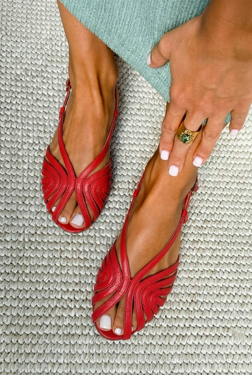 Red leather cage sandals with straps, flat peep-toe summer sandals