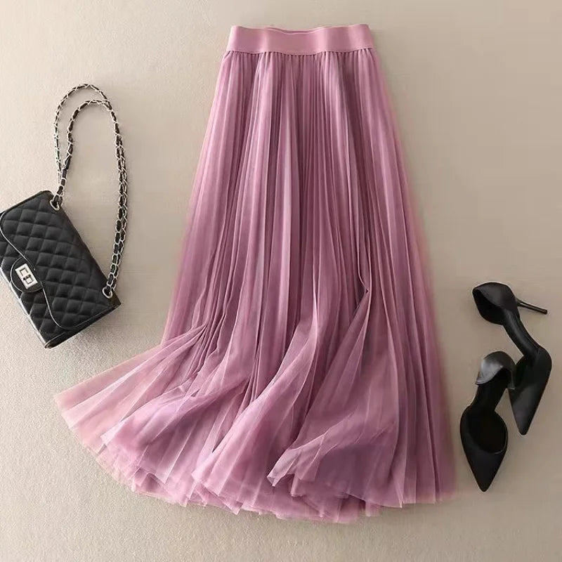 Women's Midi Skirt Pleated Tulle High-Waisted A-Line
